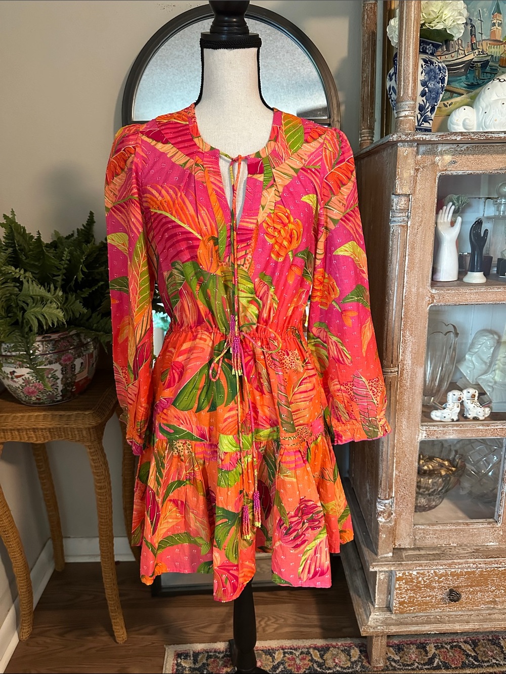 FARM Rio Pink Orange Tropical Print Tie-Waist Dress